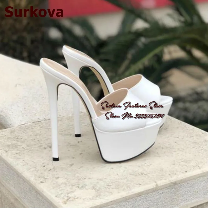 Surkova White Matte Leather Stiletto Heel Modern Slippers High Platform Open Toe Sandals Slip-On Leopard Patchwork Dress Pumps