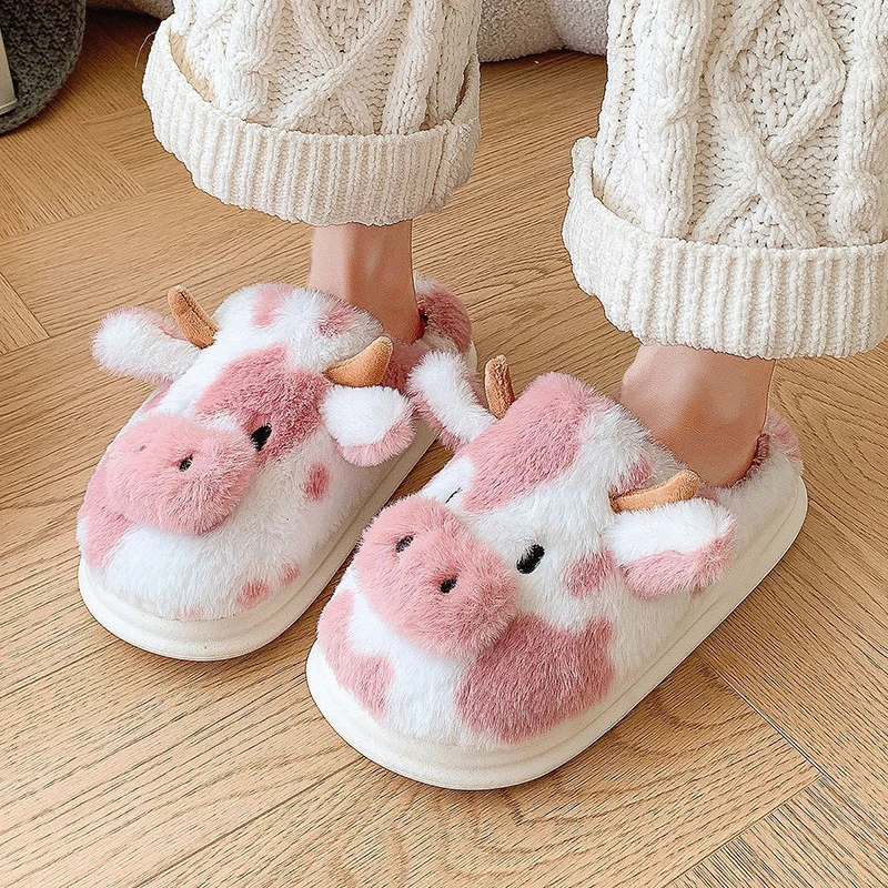 Cute Cartoon Fluffly Cow Slippers Women Winter New Indoor Platform Cotton Slippers Woman Non Slip Warm Plush Home Shoes Female