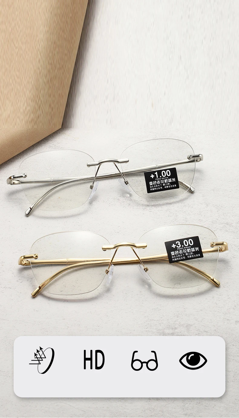 Internet-berühmte photochrome Lesebrille, modischer Trend mit abgeschrägten Kanten und randlosem Design 3004 – Detail 3
