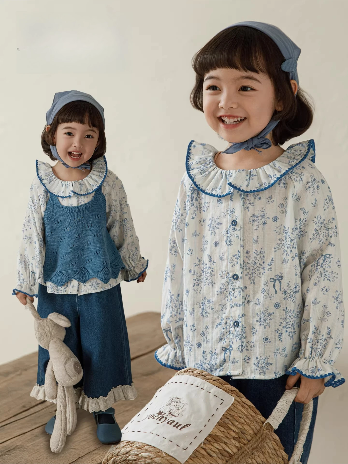 여아 2026 봄 가을 신상 인형 칼라 순면 플로럴 셔츠, 양면 착용 가능 여아 만능 상의