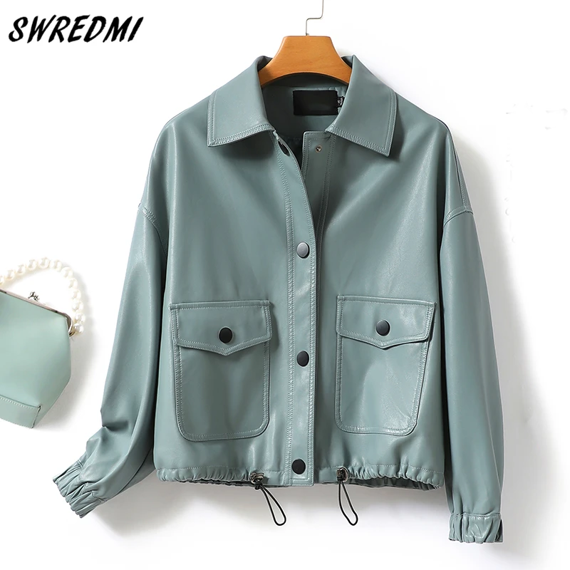 

Short Fashion Jackets Woman Drawstring Solid Green Black Colors Leather Clothing Female High Quality Suede SWREDMI
