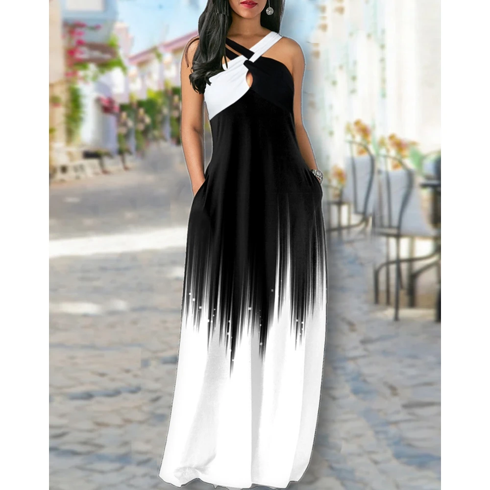 

New Summer Black White Ombre Print Crisscross Neck Maxi Dress for women Sleeveless Pocket Design Dress Femme Long Dress Outfits