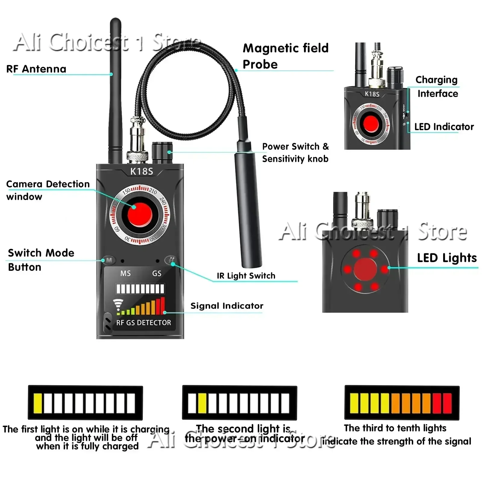 K18S Reverse Camera Detector GSM Audio Error Finder GPS Signal Scanner Upgrade RF Tracker Detect
