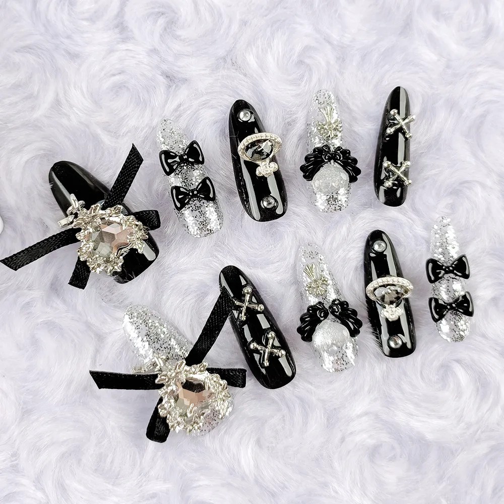 Fake Nails NewGoldcast Handmade Press on Black Bow Tie Wearable Pink Cute Long Winter Reusable Full Cover Charm Art