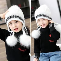 Winter Pompom Children Knitted Hat Solid Color Hairball Kids Beanie Cap Autumn Thicken Plush Warm Girl Ear Protection Bonnet 1