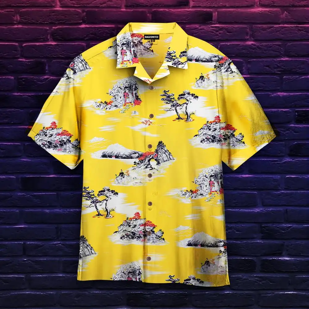 

New Men's Hawaii Yellow Shirts Creative Chinese Landscape Painting Short Sleeve Aloha Shirts Cuban Style Summer Plus Size