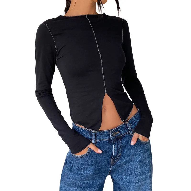 

y2k T-shirt Women Harajuku Crop Top Autumn Clothes Long Sleeve Slit Hem Patchwork Contrast Stitch Pullovers Sexy Club Streetwear