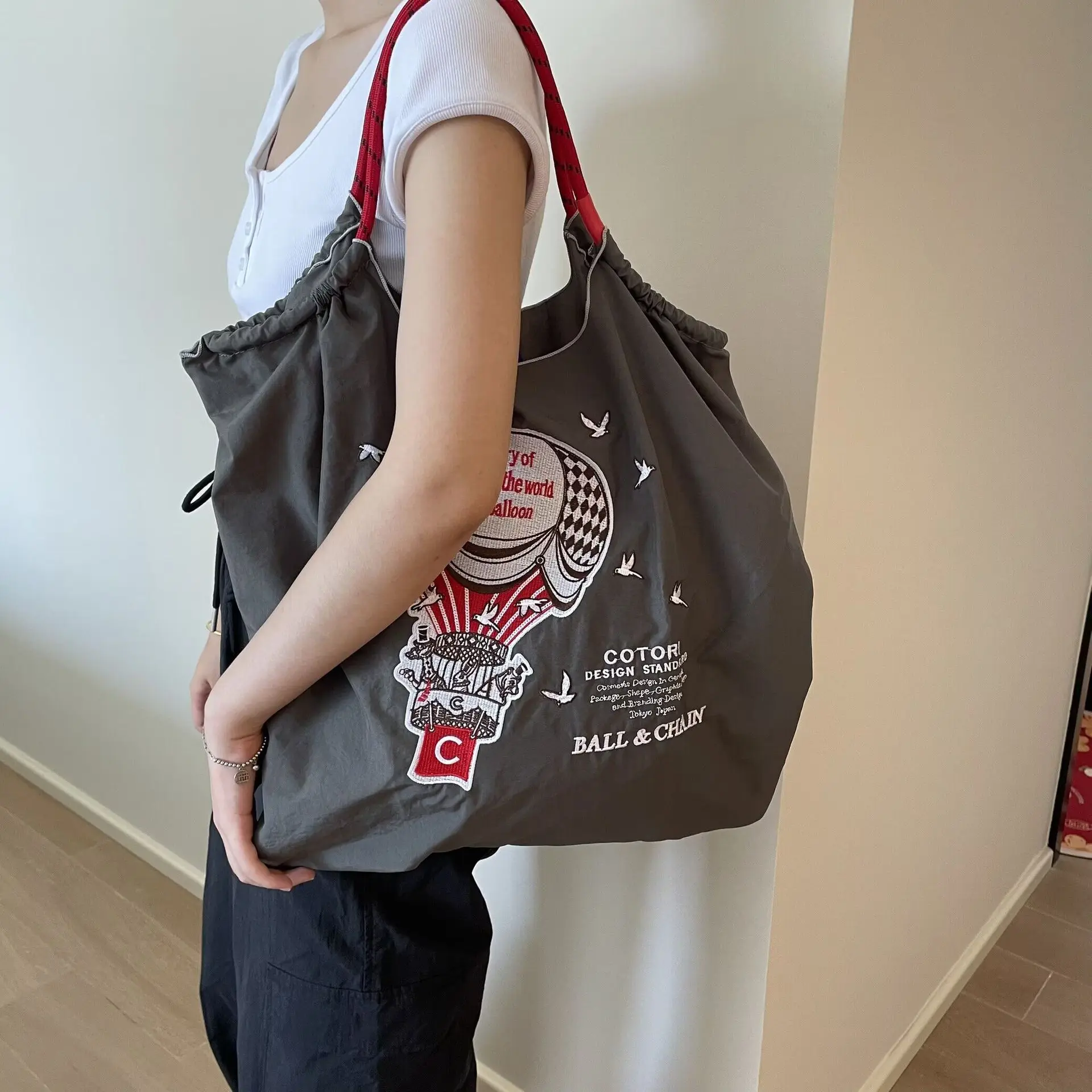 

Designer Hot Air Balloon Women Shoulder Bag Fire Balloon Embroidery Eco Bag Ball Rope Handle Handbags Large Nylon Shopper Purses