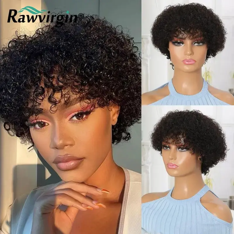 

Natural Black 130% Density Kinky Curly Pixie Cut Wig Human Hair Short Cut Glueless Full Machine Made Humain Hair Wig With Bangs