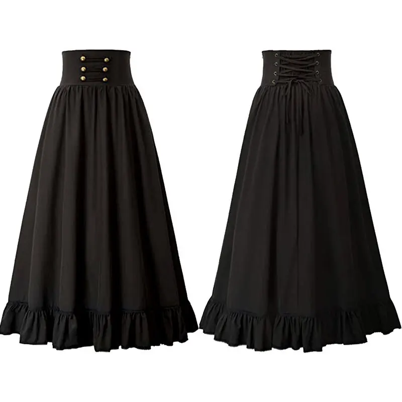 

Women Skirt Summer Clothes Gothic Maxi Skirt High Waist Ruffled Hem A-Line Elastic Waist Vintage Pleated Casual Party Skirt