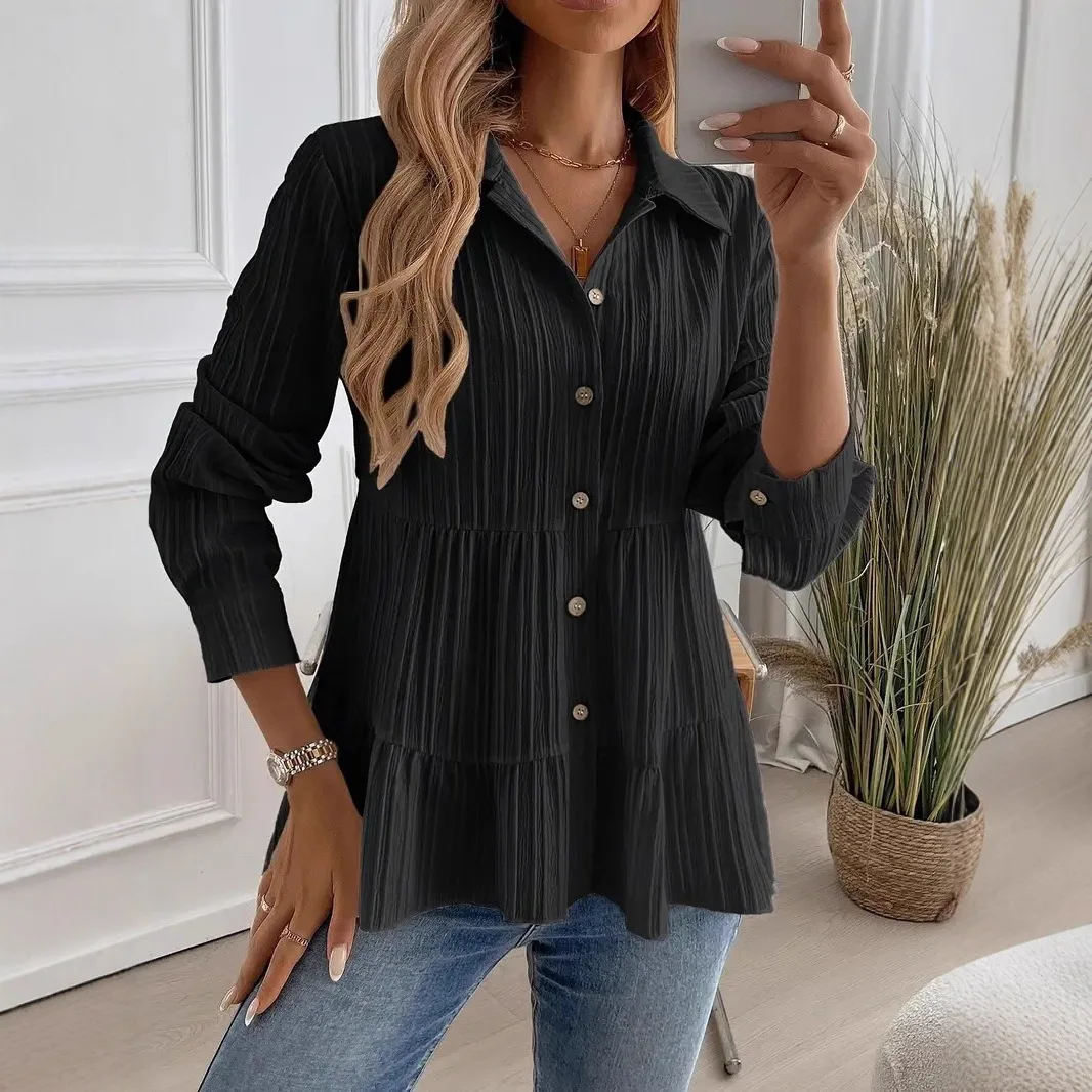 Women Long Sleeve Button Pleated Workwear Blouse