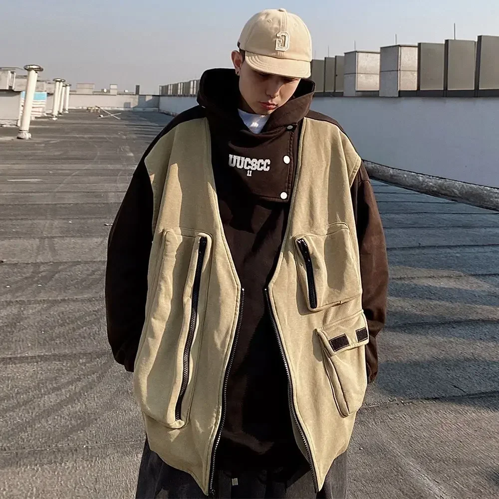 New Fall and Winter Sweater Multi-pocket Fake Two-piece Men's Vest Hooded Sweater Loose Large Size Workwear Jacket Streetwear