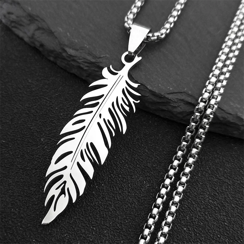Boho Piuma Ciondolo Collana maschile per donna Uomo Acciaio inossidabile Colore argento Catena foglia Gioielli Regalo collare hombre N3393S01  36