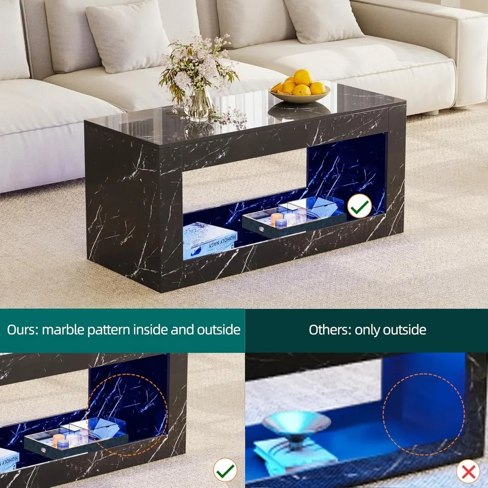 Coffee Tables, Modern High Gloss Marble Print Center Table with Open Storage and LED Lights for Living Room, Coffee Tables