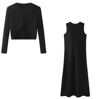 Robe longue en Satin pour femmes, mode élégante, haut tricoté, ensemble assorti, Maxi, longueur au sol, vêtements chics décontractés, été 2025 2