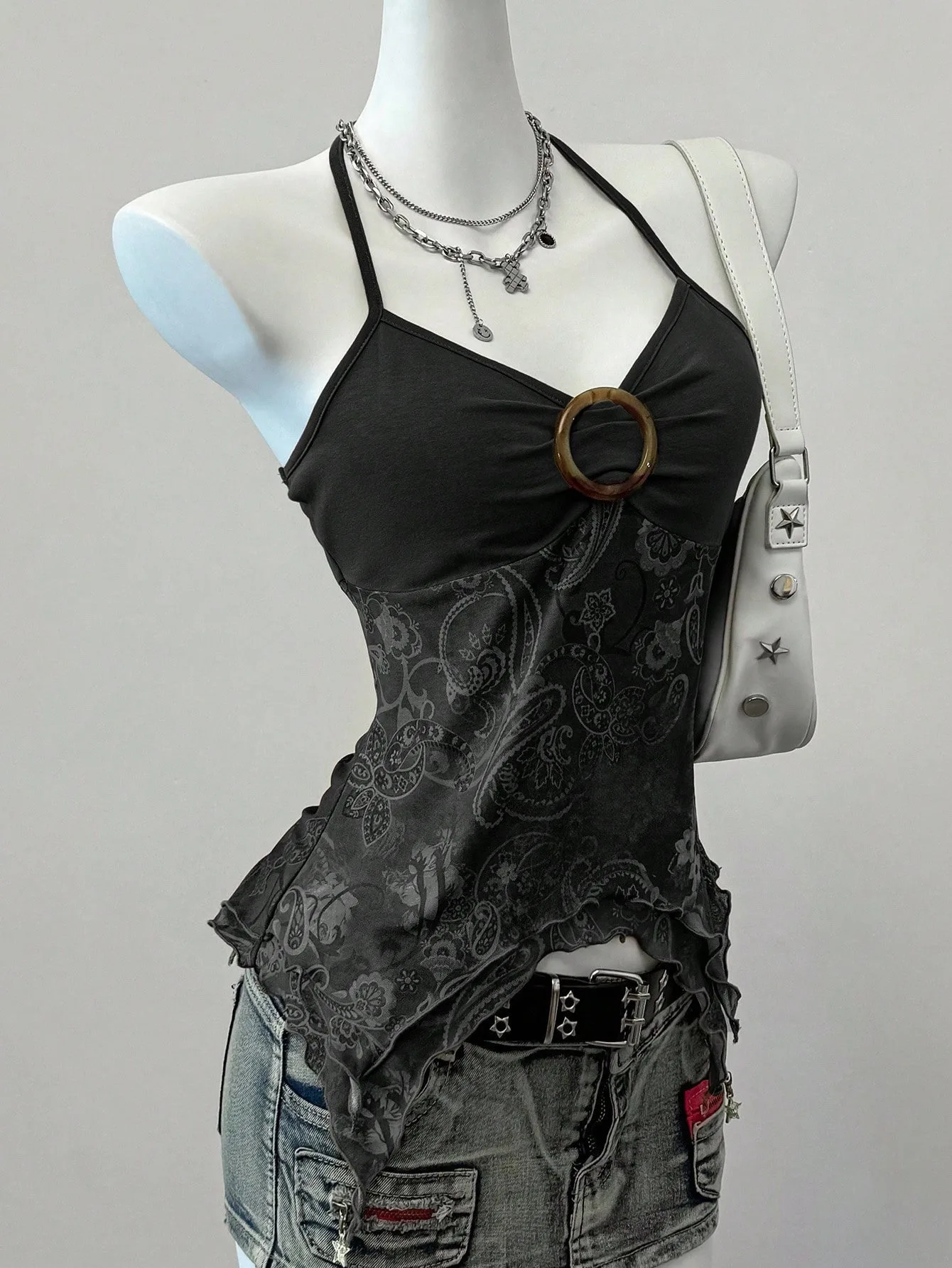 ตัวเลือกสินค้า เสื้อครอปผูกคอ ลายตาข่าย เซ็กซี่ แฟชั่นฤดูร้อน