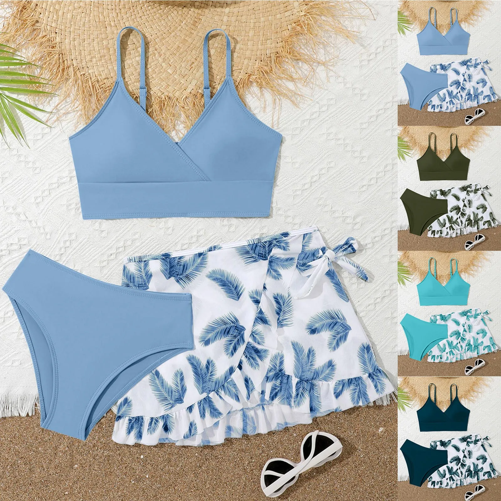 Big Girls Bathing Suits 3 Pcs Padded Bikini Swimsuit Swimming Outfit with Cover Up Skirt Beach Surfing Tankini Swimwear for Kids 1