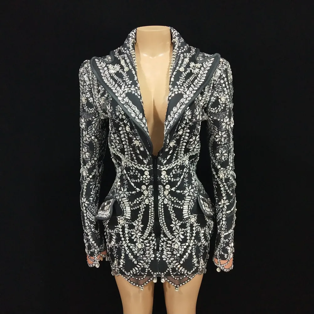 

Full Diamond Suit Jackets Women Rhinestones Blazes Elegant Stylish Slim Coat Birthday Prom Evening Party Overcoat Stage Costume