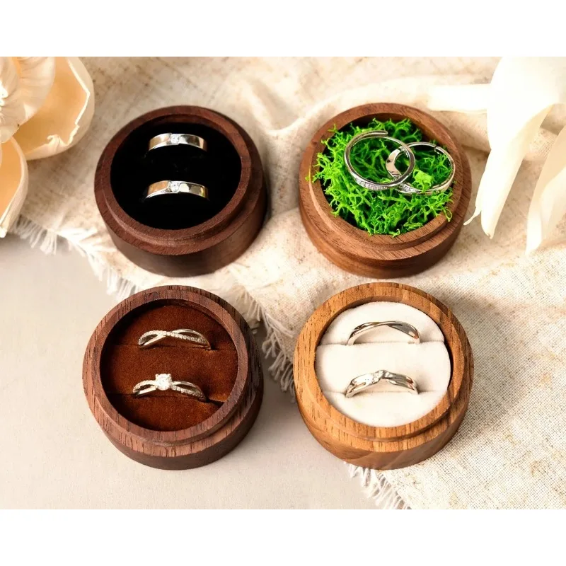 Free Personalized Ring Box Walunt Wood Round Wedding Proposal Engagement Ring Boxes with Clear Cover Free Printing Name and Date