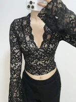 Haut en dentelle esthétique pour femmes, vêtements Sexy transparents, col en V profond, t-shirts évasés à manches longues, vêtements de fête, Clubwear 5