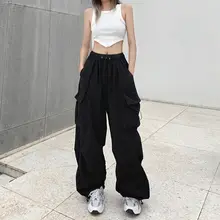  Women Casual Joggers Tech Pants Vintage Solid Low Waist Drawstring Baggy Trousers Y2K Wide Leg Sweatpants Streetwear Cargo Pants 