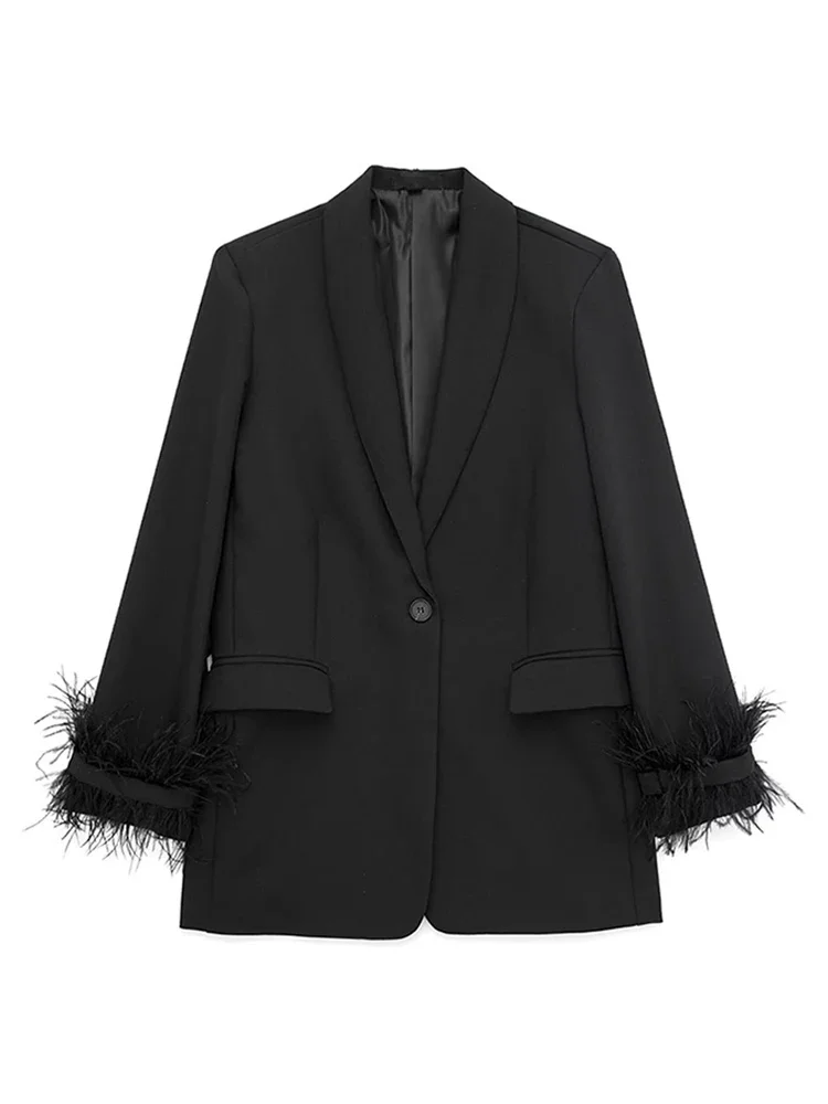 

New Tailored Coat Sexy Splicing Feather Detail for Women Single Button Jacket Loose Long Sleeves Fashionable Solid V Neck Blazer