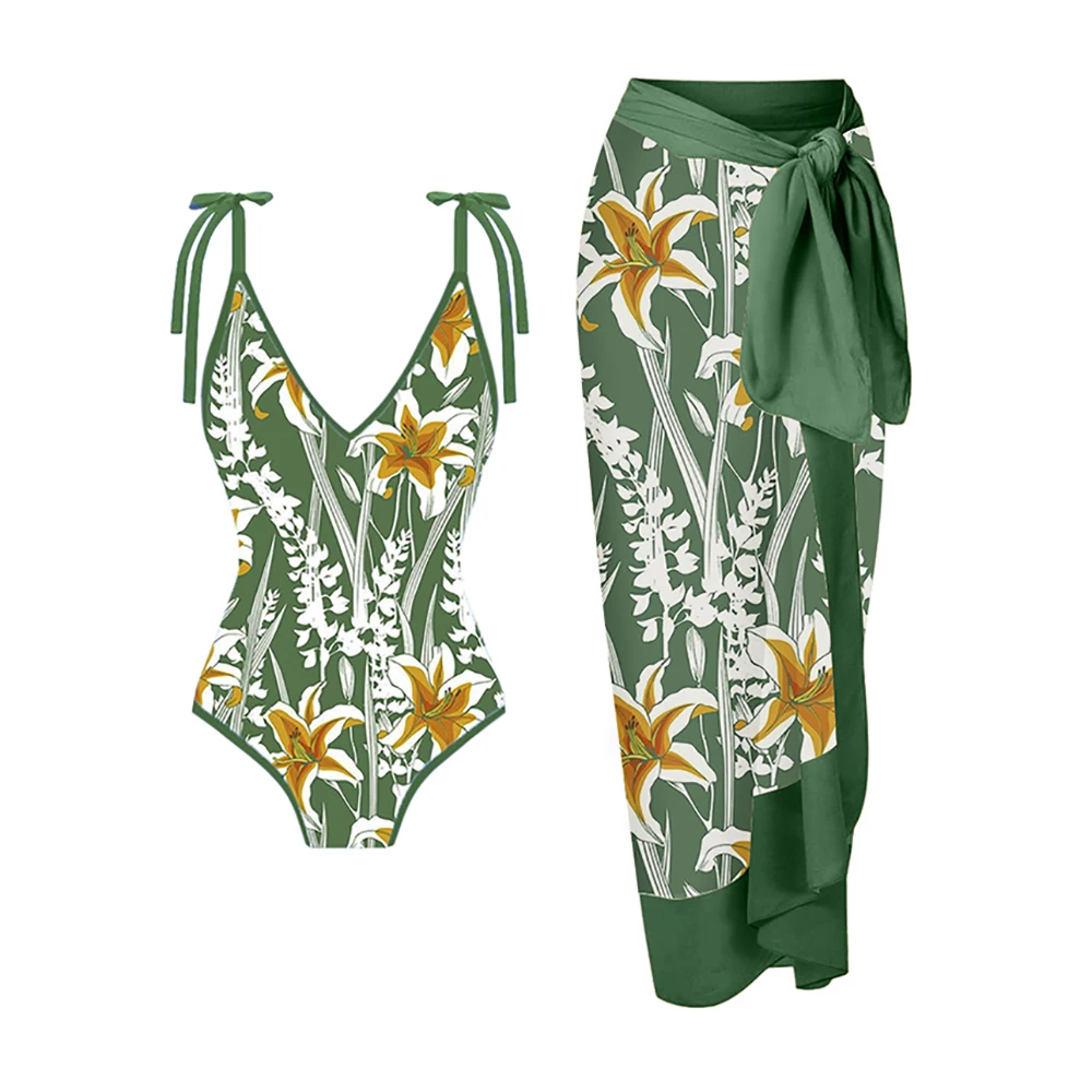Bikinis con estampado de flores verdes, bañador elegante con cuello en