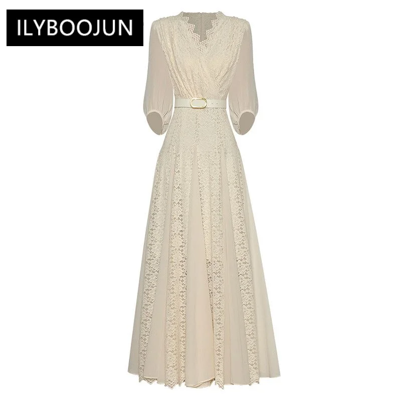 

Fashion Designer dress Spring Summer Women Dress Solid Color Lace V-Neck Lantern Sleeve Belt Slim Hollow Out Dresses
