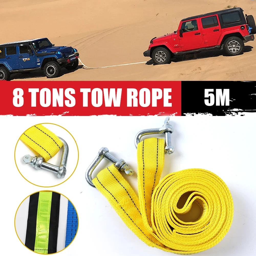 

5M 8Tons Car Tow Strap Racing Auto Winch Rope Nylon recovery Towing cable Strap Belt Heavy Duty Off Road Accessories Metal Hooks