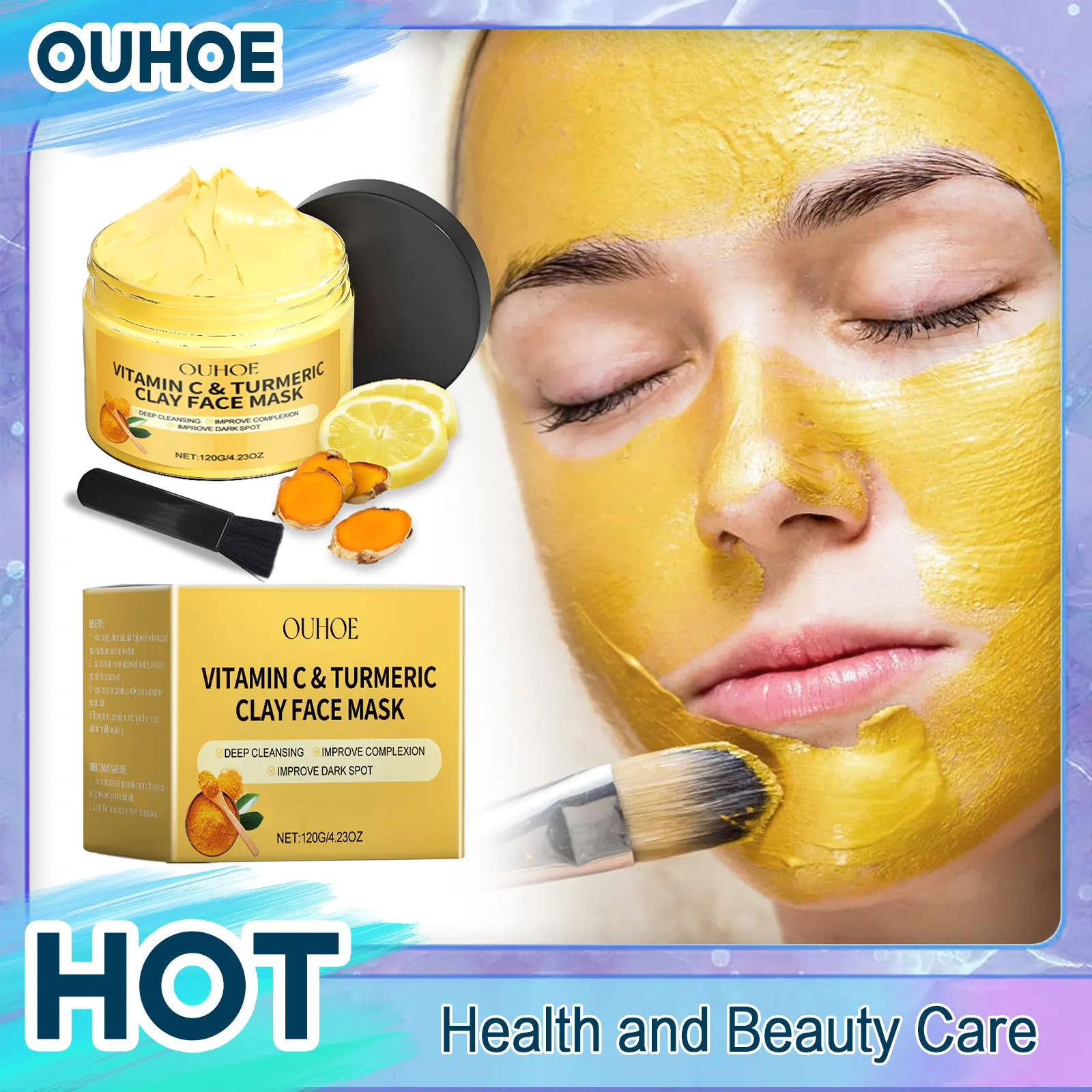 Maschera di fango alla curcuma e vitamina C Detergente Pori restringenti Idratante Illuminante Idratazione profonda Schiarente Riduce l'opacità Maschera di argilla_voghion.com