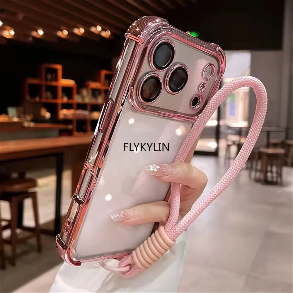 Electroplated Shockproof Phone Case with Hand Strap - Transparent Soft Cover