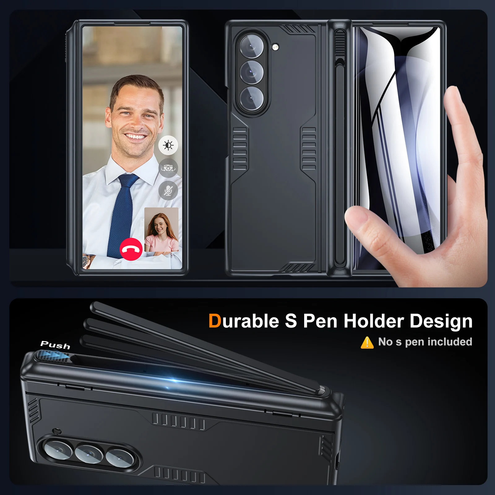 ‌Heavy-Duty Shockproof Phone Case with S Pen Holder & Screen Protector, Full-Body Hinge Protection Cover