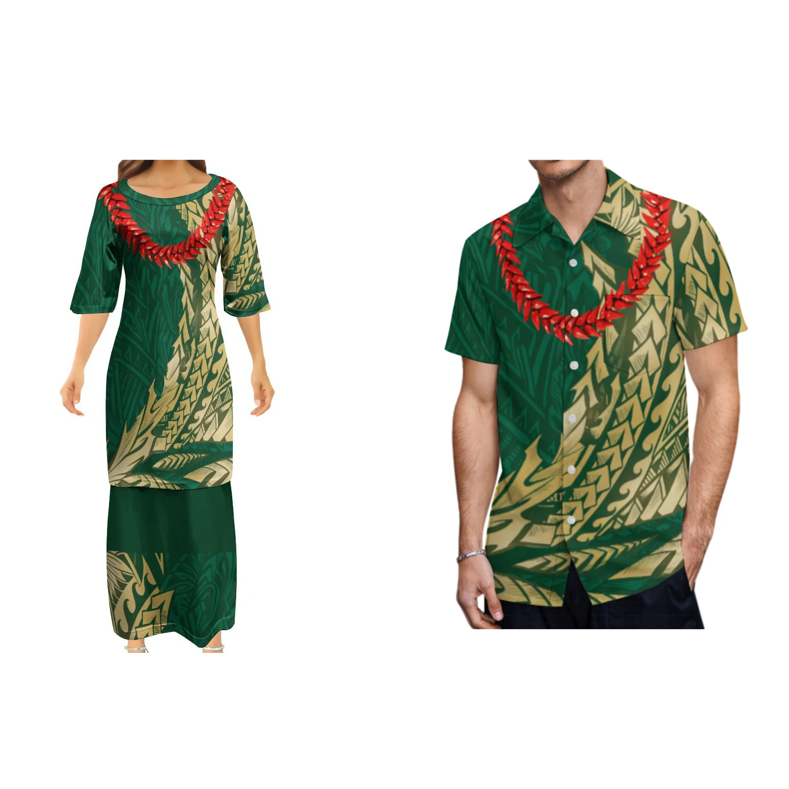 

Wholesale Pacific Island Art High Quality Ulafala Puletasi Dresses Customized On Demand Polynesian Ethnic Style Couple Suit