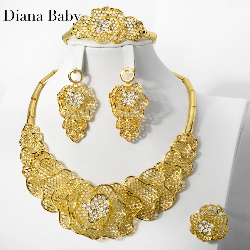 

Luxury Quality Bride Jewelry Set For Women 18K Gold Plated Bracelet Earrings Ring Choker Necklace Moroccan Traditional Jewellery