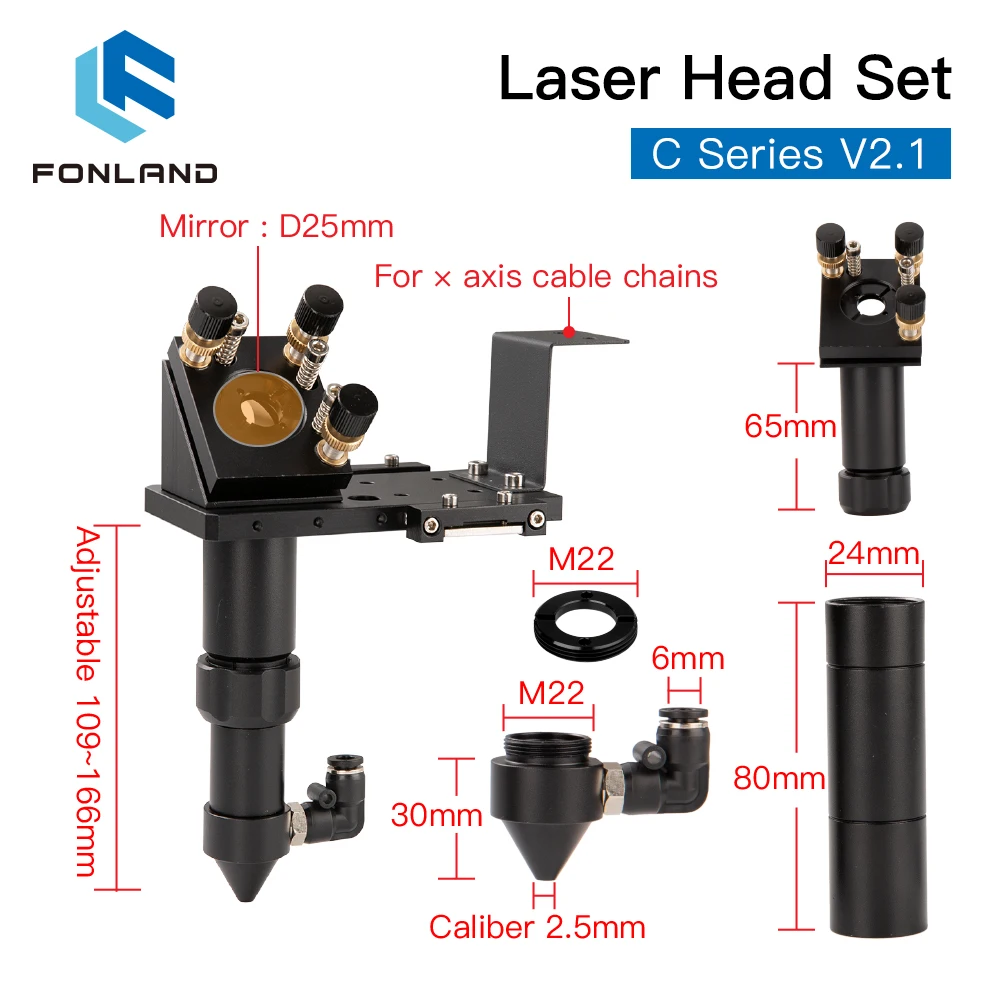 FONLAND CO2 Laser Head Set Lens D18 FL38.1 D20 FL50.8/63.5/101.6mm Integrative Mount Dia25 Mirror for Laser Cutting Machine