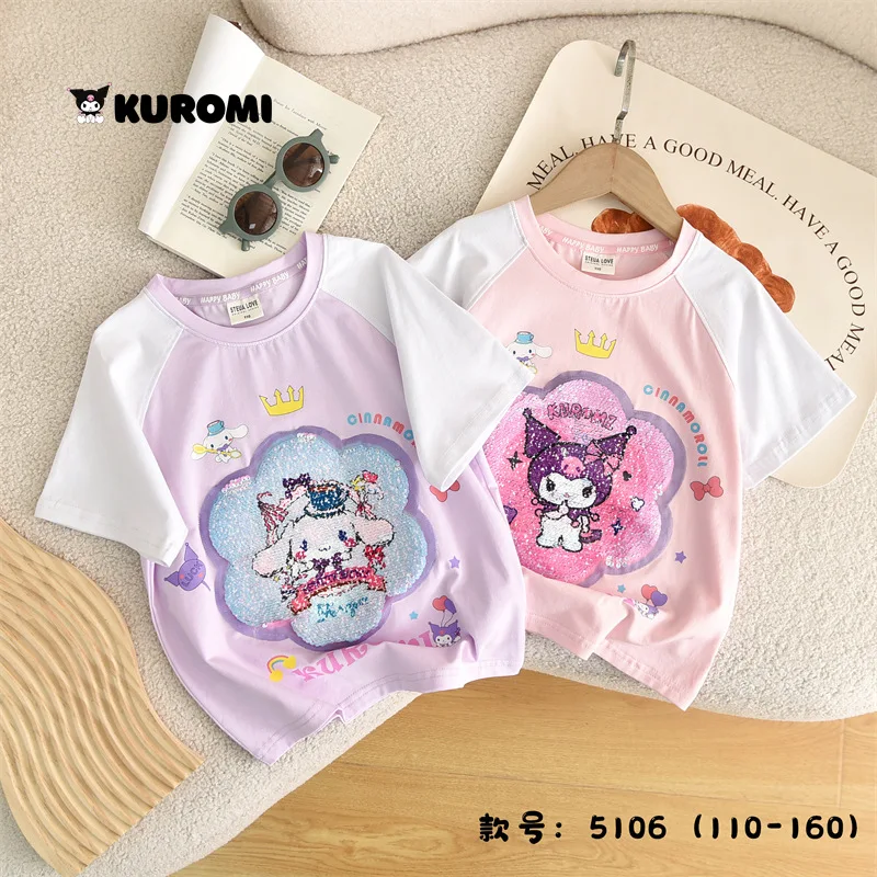 

Hot Sanrios Kuromi Kids Short Sleeve Cartoon Casual Loose T-Shirt Cute Summer Outdoor Tops Anime Crew Neck Sweatshirt Girl Gift