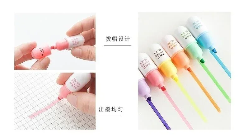6 개/갑 귀여운 미니 알약 형광펜 마커 드로잉 펜 학교 사무용품 어린이 학생용 문구류
