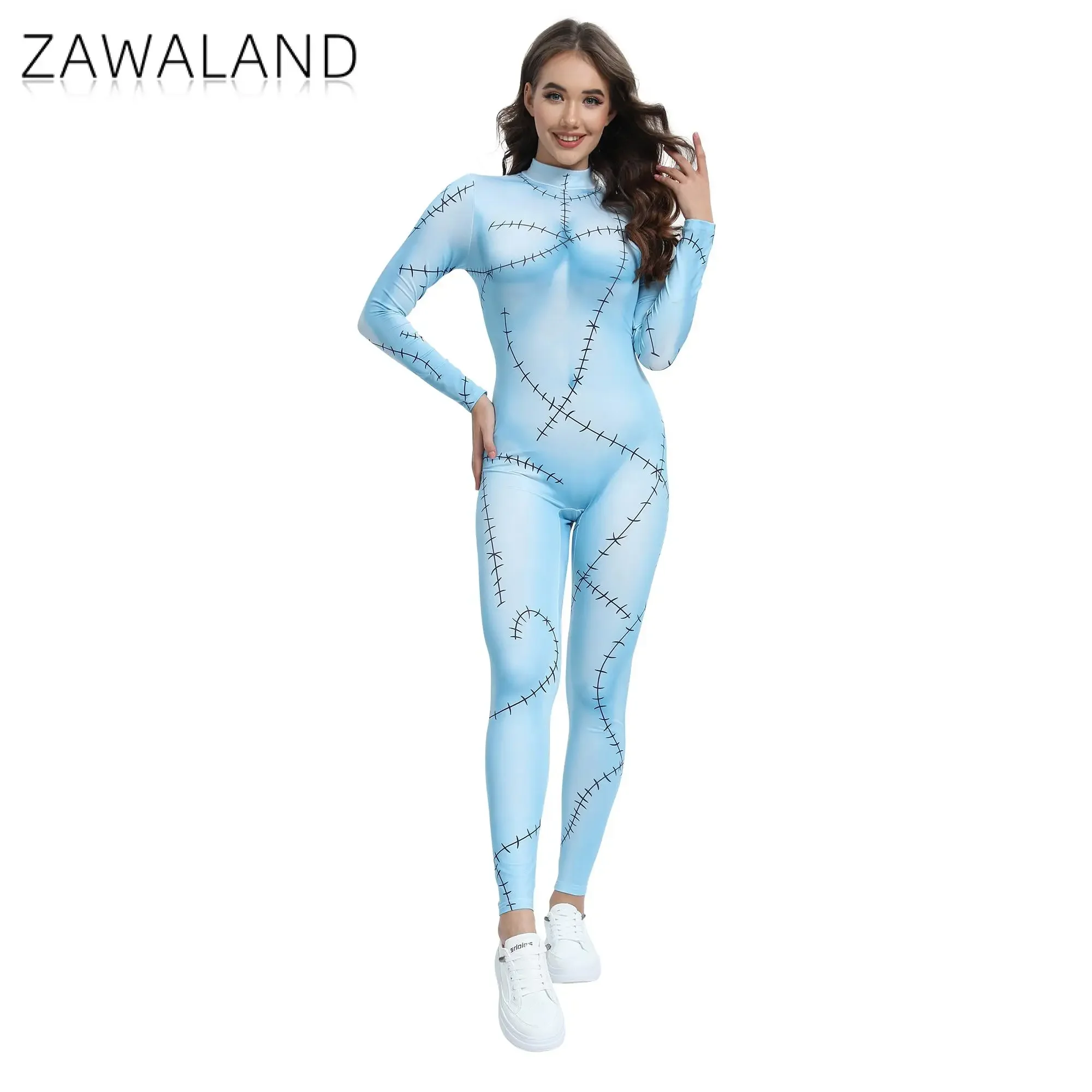 Zawaland Halloween Movie Sally Cosplay Party Horro Costume Women Slim Jumpsuit Catsuit Zentai Gothic Bodysuit