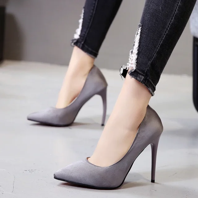Big Size 43 Women's Boat Shoes Faux Suede High Heels Pointed Toe Pumps Stilettos Basic Pump for Female White Black Red 2