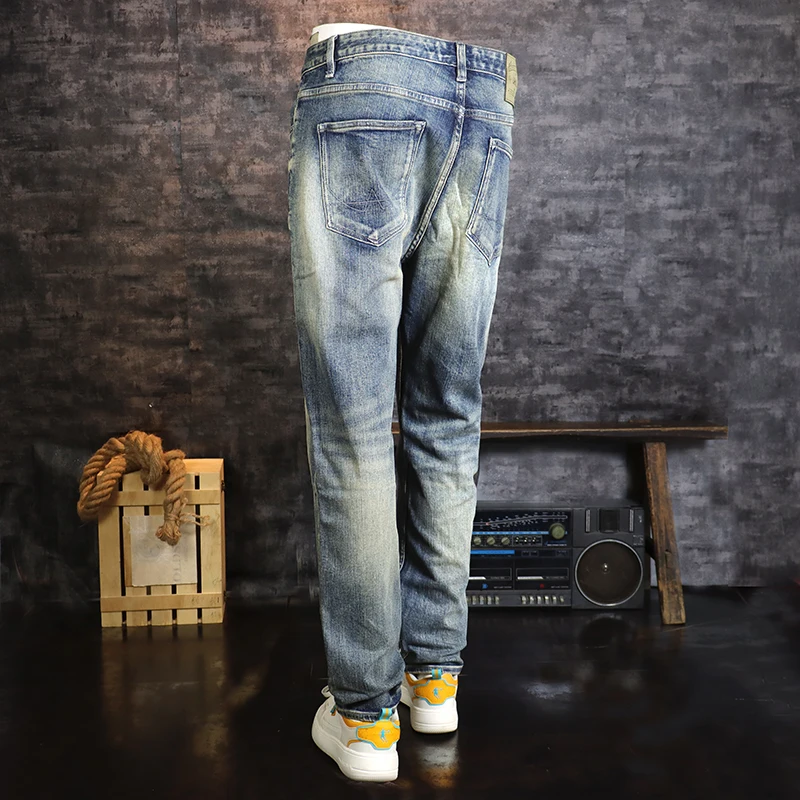 Fashion designer men's slit jeans, high-quality retro washed blue elastic slim fit jeans, men's retro casual denim pants