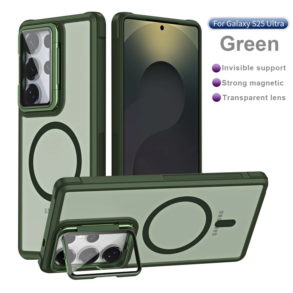 Magnetic Matte Foldable Case with Glass Lens Stand and Wireless Charging Compatibility
