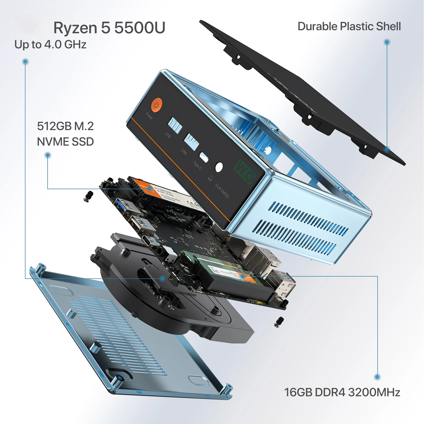Peladn WO-4 Ryzen 5 5500U Mini PC Windows 11 Pro DDR4 3200Mhz 16GB 512GB SSD NVME WiFi6 BT5.2 4K HD 1000M MINI PC Gamer Computer 3