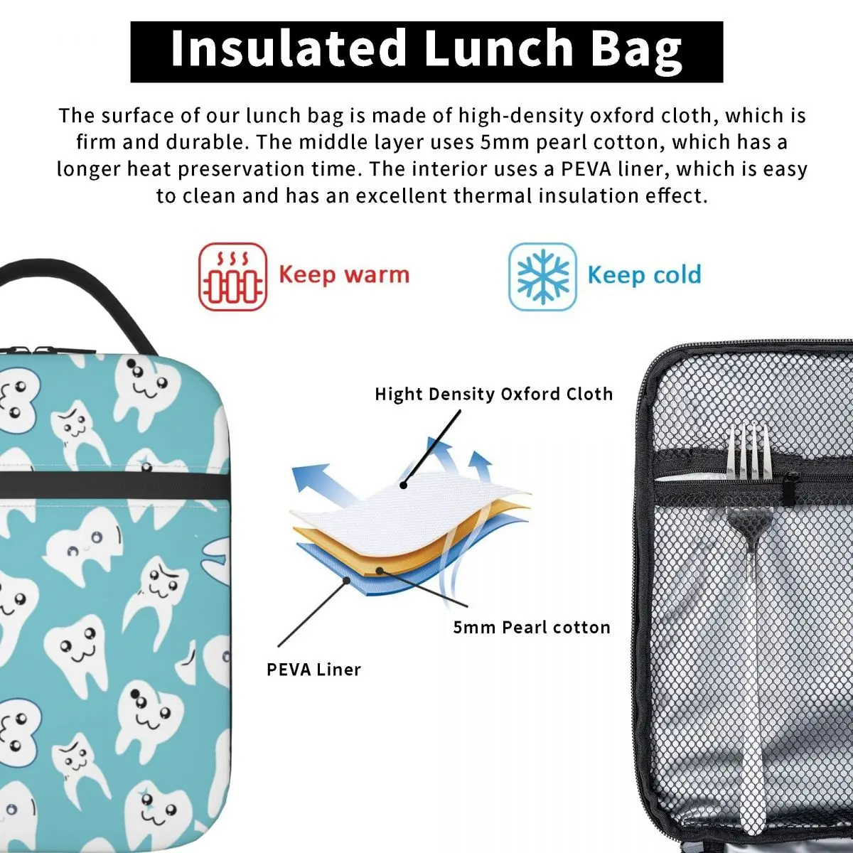 Funny Dental White Tooth Pattern Insulated Lunch Bags Dentist Teeth Portable Thermal Cooler Food Lunch Box Kids School Children