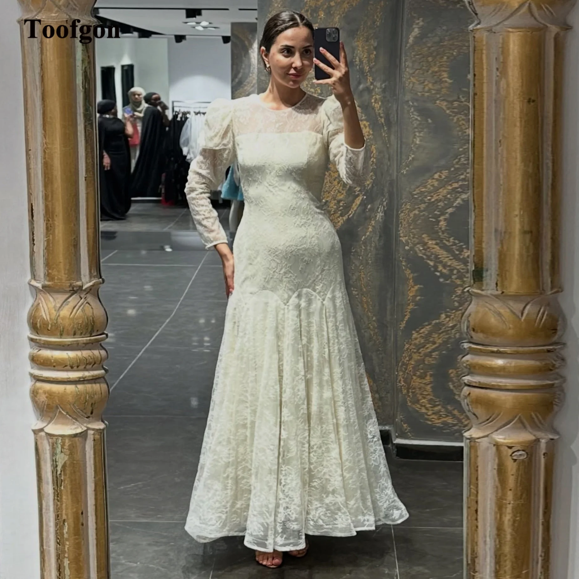 Toofgon Full Lace Customized Wedding Dresses Long Sleeves Corset Ankle Length Formal Bride Bridal Gowns Women's Party Dress 1