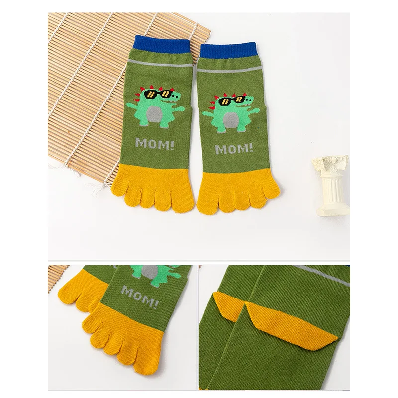 5 Pairs Cute Kids Cartoon Socks with Toes Pure Cotton Dinosaur Pattern 5 Finger Socks Infants Baby Boy Girl Correction Toe Socks