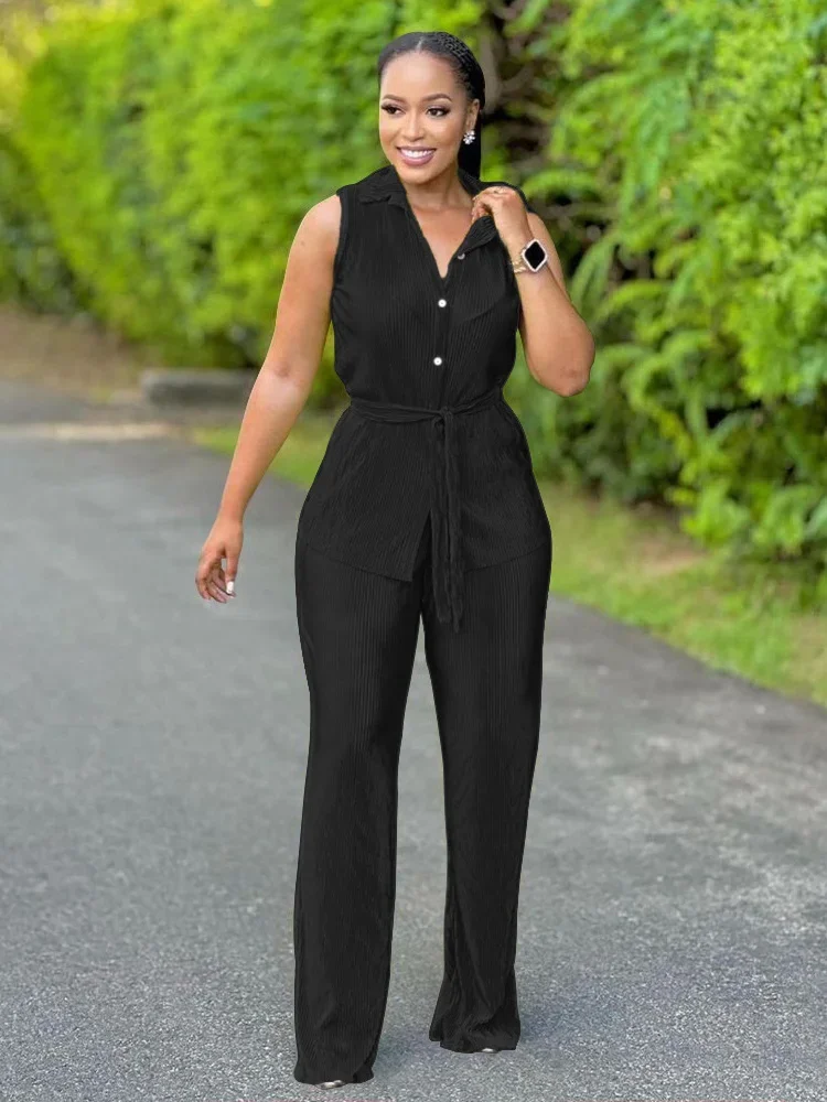 Wmstar Women Two Piece Set Casual Solid Color Sleeveless Turn Down Collar Top Long Trousers Elegant Office Female Summer Outfits