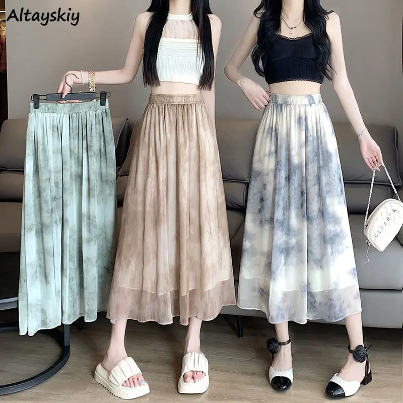 

Midi Skirts Women Chinese Style Tie Dye Literary Thin Retro Smooth Summer Breathable Sweet Gentle Office Lady High Waist A-line