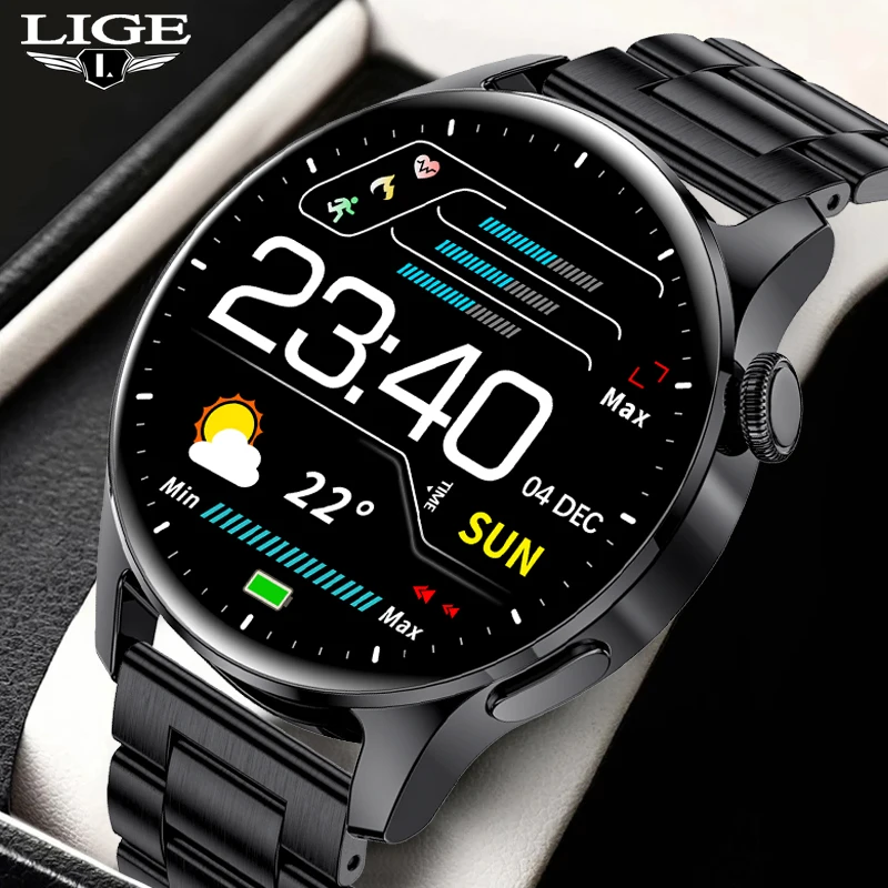 

LIGE 2022 New Smart Watch Men AMOLED 360*360 HD Screen Heart Rate Blood Pressure Bluetooth Call IP68 Waterproof SmartWatch + Box