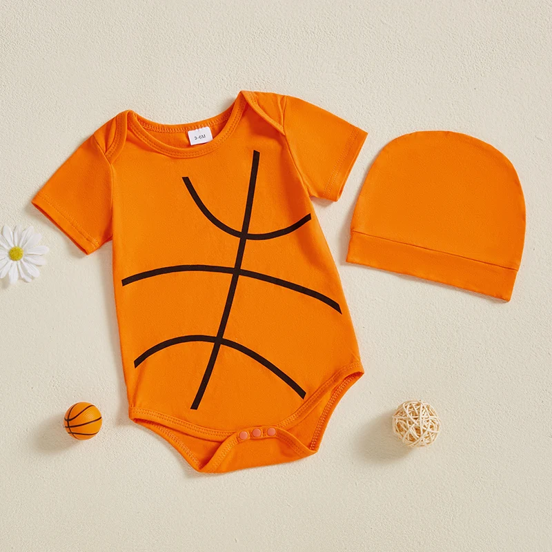 FOCUSNORM 0-12M Newborn Baby Boys Summer Romper Outfits Basketball Print Short Sleeve Round Neck Jumpsuits with Hat 2 Pcs Set 4