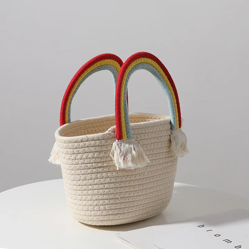 Lovely Rainbow Cloud Handbag Handmade Cotton Woven Bags Seaside Holiday Beach Bag Straw Weave Bag Kids Girls Fashion Accessories 2